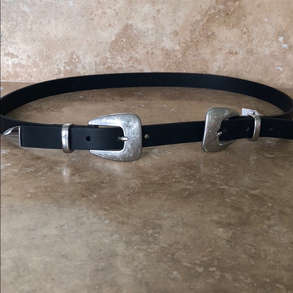 Faux leather slim black double buckle belt
